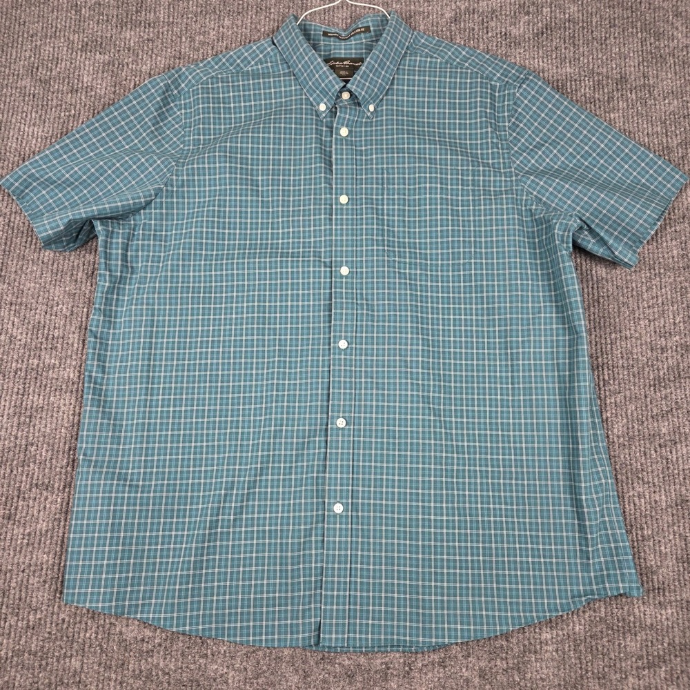 Eddie Bauer Mens XXL Short Sleeve Plaid Button Down Shirt Teal Blue Cotton 26504